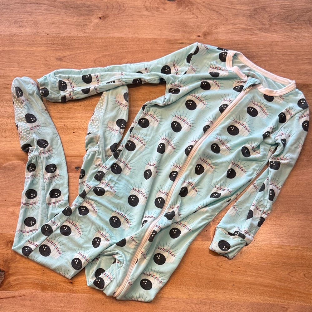 Kickee Pants Mint Green Pajamas with bowling ball print 4T